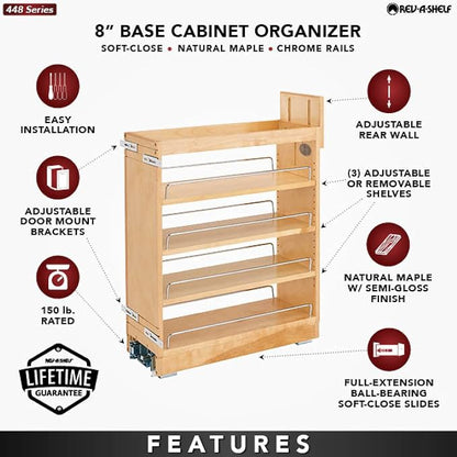 Rev-A-Shelf 8" Pullout Shelf Organizer for Kitchen and Bathroom Base Cabinets, Wooden Slide Out Spice/Medicine Rack with Soft-Close, 448-BCBBSC-8C