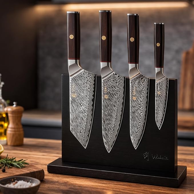 Wakoli Culinary Asia Damascus 4-Piece Knife Block Set with Magnetic Block – Professional Kitchen Knives made of 67-Layer Damascus Steel Blades & VG10 Core – Ergonomic Dark Oak Wood Handles in Gift Box