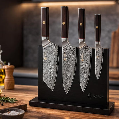 Wakoli Culinary Asia Damascus 4-Piece Knife Block Set with Magnetic Block – Professional Kitchen Knives made of 67-Layer Damascus Steel Blades & VG10 Core – Ergonomic Dark Oak Wood Handles in Gift Box