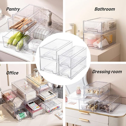 Clear Acrylic Stackable Storage Drawers, Plastic Refrigerator Organizer Bins with Handles for Undersink, Cabinet, Fridge, Closet, Pantry, Office, Bathroom, Kitchen(6 Pack)