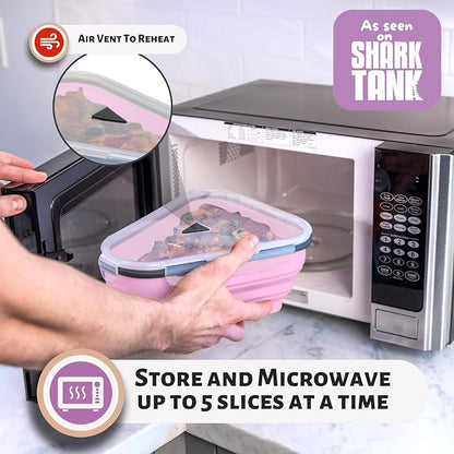 PIZZA PACK The Perfect Reusable Pizza Storage Container with 5 Microwavable Serving Trays - BPA-Free Adjustable Pizza Slice Container to Organize & Save Space, Pink 4 pk