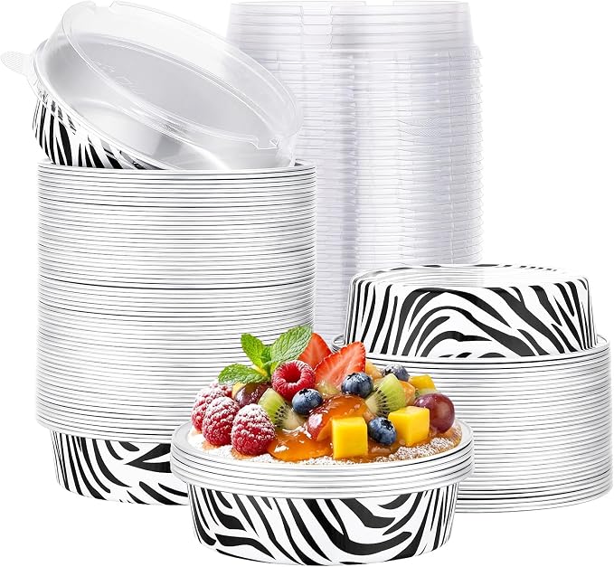 Beasea Disposable Cupcake Pans with Lids, 100 Pack 7.3oz Aluminum Baking Foil Tart Pie Tins, Small Round Tart Containers for Individual Dessert Muffin Cheesecake Quiche Oven Dishes - Zebra Stripes