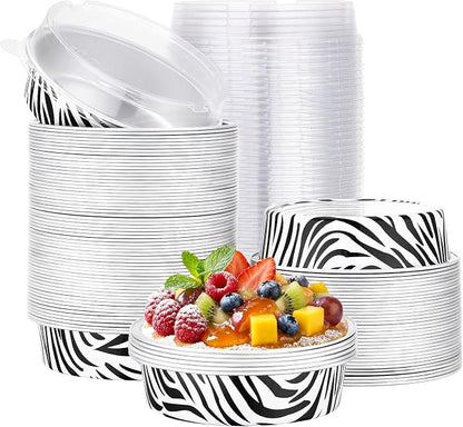 Beasea Disposable Cupcake Pans with Lids, 100 Pack 7.3oz Aluminum Baking Foil Tart Pie Tins, Small Round Tart Containers for Individual Dessert Muffin Cheesecake Quiche Oven Dishes - Zebra Stripes