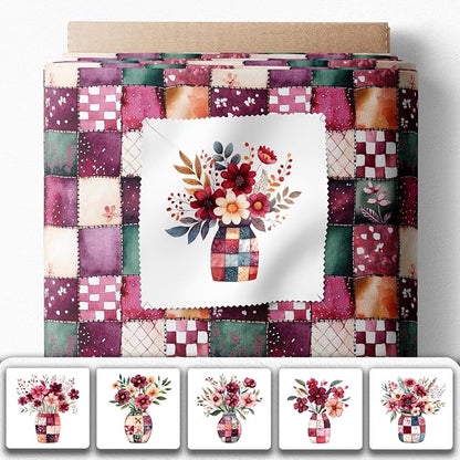 Cotton Satin Fabric Panel with Floral Patchwork Designs – 6 Printed Panels 10×10 in, Continuous Uncut Fabric Sheet 29.5×19.7 in, 100% Cotton for Quilting, Sewing & DIY