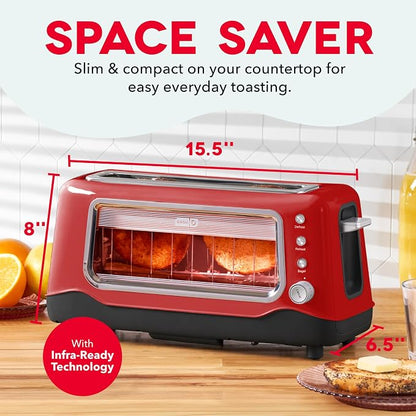 Dash Clear View Toaster, 10.5" Long Slot 2 Slice Toaster with See-Through Glass Window, 7 Browning Levels, Bagel, Defrost & Reheat Functions, Removable Glass Panel, Crumb Tray - Red