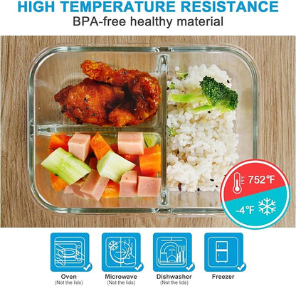 DAS TRUST 5 Pack 36oz Bento Box Glass Meal Prep Container 3 Compartment Glass Food Storage Containers with Lids Meal Prep Bowls Lunch Box Lunch Container for Oven