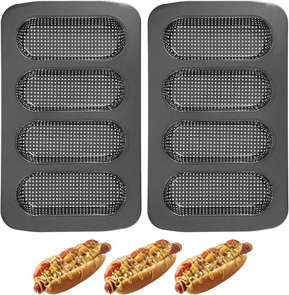 2 Pcs Hot Dog Bun Pan, 4 Cavity Perforated Carbon Steel Bread Loaf Pan, Nonstick & Heat Resistant for Homemade Buns, Mini Baguettes & Sandwich Baking, Bun Rolls, Dishwasher Safe (PFOA-FREE)
