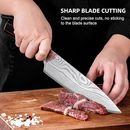Chef Knife Professional Japanese AUS-10 Steel Core Kitchen Knife with Damascus Pattern, Razor Sharp 8 Inch Chefs Knife with Full-Tang Ergonomic Handle - Ideal for Home Cooks & Professional Chefs