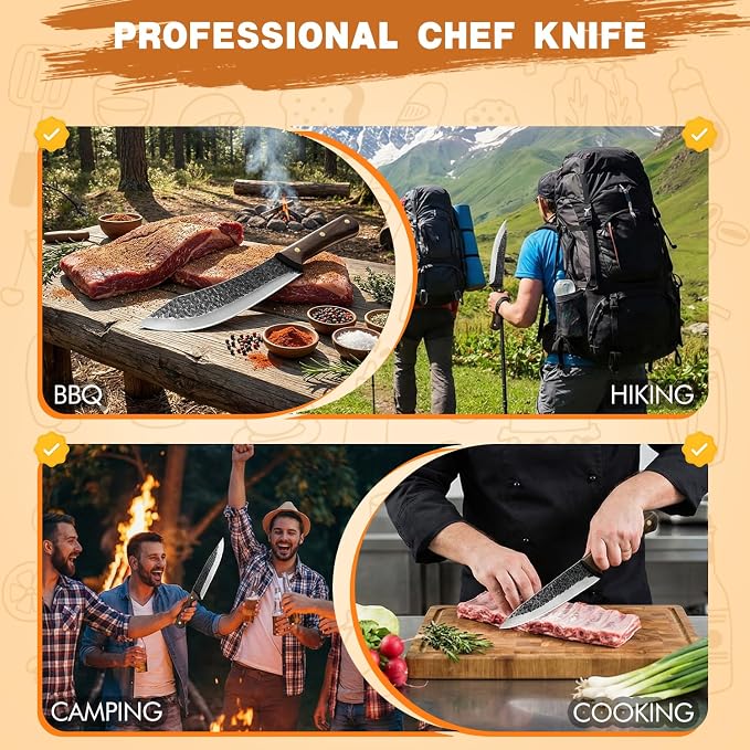 MDHAND Butcher Knife Set, Ultra Sharp Hand Forged Meat Cleaver & Brisket Knives & Boning Knife Set With Leather Sheath, High Carbon Steel Kitchen Knife Set for Outdoor & BBQ, Gifts for Men Women