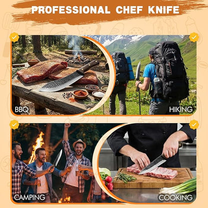 MDHAND Butcher Knife Set, Ultra Sharp Hand Forged Meat Cleaver & Brisket Knives & Boning Knife Set With Leather Sheath, High Carbon Steel Kitchen Knife Set for Outdoor & BBQ, Gifts for Men Women