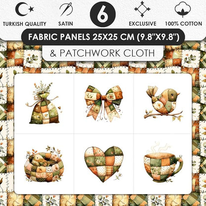 Rustic Patchwork Cotton Fabric Panel – 6 Designs (10"×10" inch Each) + Bonus Patchwork Sheet 29.5"×19.6" inch, 100% Cotton 140 GSM
