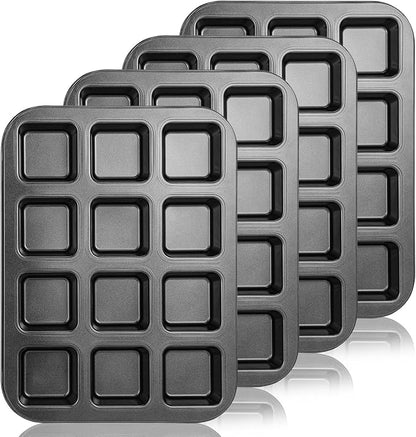 4 Pack Mini Brownie Pan with Dividers, Brownie Bite Pan, 12 Cavity Square Cupcake Pans, Non-Stick Carbon Steel Baking Tray for Individual Brownies, Cakes & Cookies