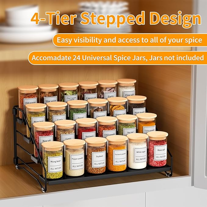 RCHYFEED Spice Rack Organizer for Cabinet Pantry,4 Tier Spice Rack Countertop, Depth Adjustable Spice Organization for Cabinet,Tierd Seasoning Organizer for Cabinet(Black, 1Pack) | for Cabinet Pantry