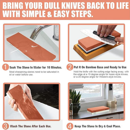 HMPLL Knife Sharpening Stone Set, Professional Whetstone 4 Side Grit 400/1000 3000/8000, Whetstone Knife Sharpener Stone Set Include Non-slip Base, Leather Strop, Flattening Stone & Angle Guide