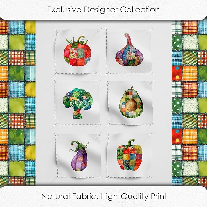 Vegetable Patchwork Cotton Fabric Panel – 6 Designs (10×10 inch Each) + Bonus Patchwork Sheet 29.5×19.6 inch, 100% Cotton 140 GSM