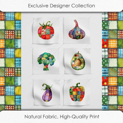Vegetable Patchwork Cotton Fabric Panel – 6 Designs (10×10 inch Each) + Bonus Patchwork Sheet 29.5×19.6 inch, 100% Cotton 140 GSM
