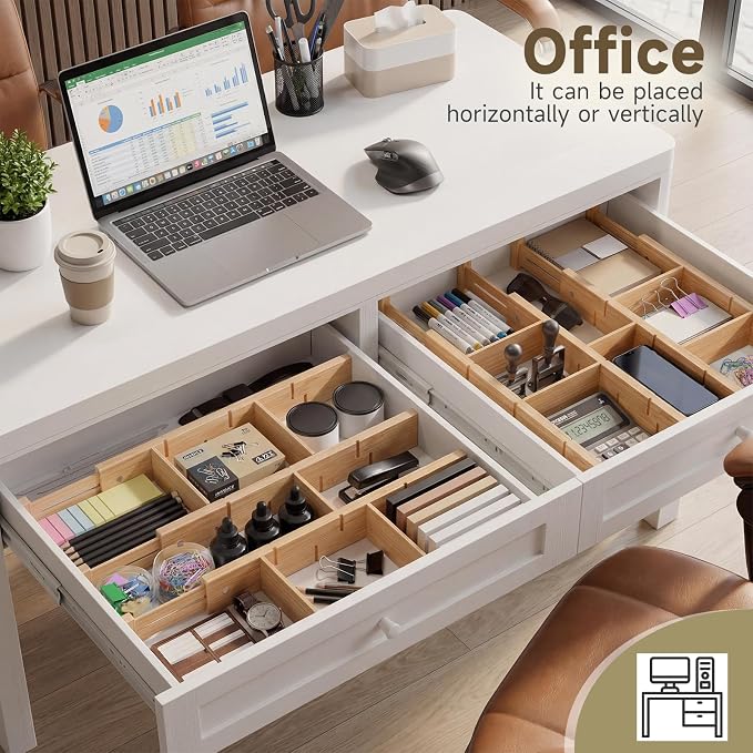 Bamboo Drawer Dividers, Expandable Kitchen Drawer Organizer, Include 8 Dividers, 8 Small Inserts and 8 Medium Inserts for Home, Office, Dressers