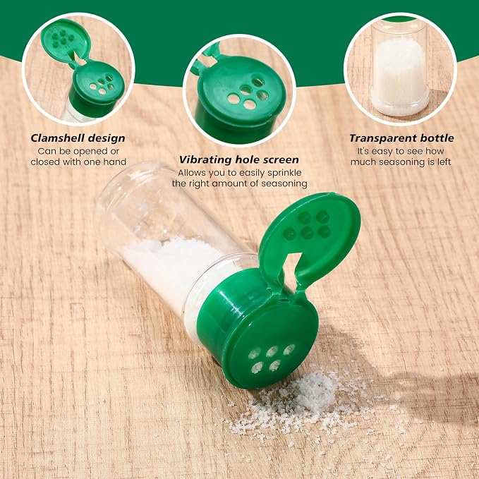 Amyhill 100 Pcs Plastic Spice Bottles Spice Jars with Green Cap Seasoning Jars Shaker 2 Oz/ 60ml Clear Bottle Containers with Shaker Lids for Storing Herbs and Seasoning Powders