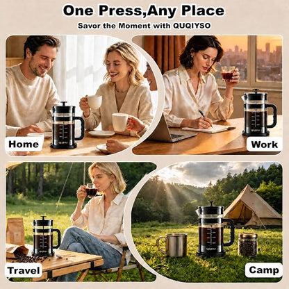 QUQIYSO French Press Coffee Maker – 304 Stainless Steel Filter, 2.8mm Thick Heat-Resistant Borosilicate Glass, Easy to Clean, Large Coffee Press for Home, Office, Party, 51oz, Dark Pewter