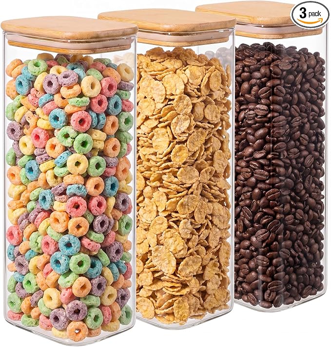 3-Pack 2Qt Rectangle Glass Storage Jars with Bamboo Lids | Minimalist Kitchen Organizer,Scandinavian Style Storage,Nordic Style Storage,Food Storage Canister for Pasta, Penne, Macaroni