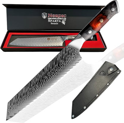 Nordic New Sparta Series Pro Kiritsuke Damascus Chef Knife, Japanese VG10 Super Steel, 67 Layers Damascus Steel, Resin and Maple Wood Handle and Leather Sheath (Kiritsuke Knife)