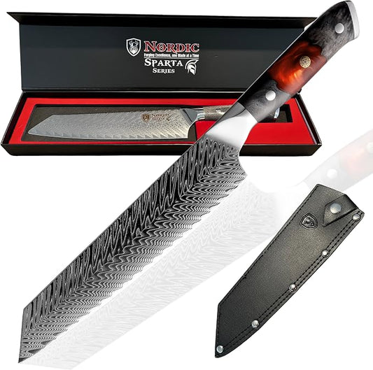 Nordic New Sparta Series Pro Kiritsuke Damascus Chef Knife, Japanese VG10 Super Steel, 67 Layers Damascus Steel, Resin and Maple Wood Handle and Leather Sheath (Kiritsuke Knife)