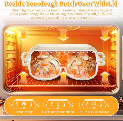 Mini Double Dutch Oven For Sourdough Bread Baking, 2.2QT Enameled Cast Iron Dutch Oven Pot With Lid, Non Stick Dual Round Bread Loaf Pan, 500°F Oven Safe, Sourdough Baking Pan For Homemade Baking