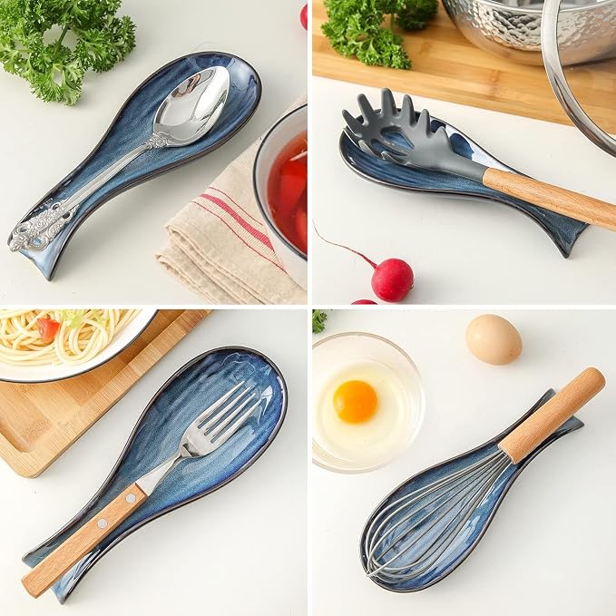 Ceramic Spoon Rest for Stove Top, Large 8.7 Inch Spoon Holder for Kitchen Counter, Porcelain Utensil Rest for Ladle, Spatula, Housewarming Gift, Dishwasher Safe and Heat-Resistant, Blue, Set of 2