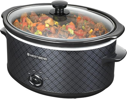 West Bend Slow Cooker 6-Quart Manual Crockery Style with Dishwasher Safe Oval Ceramic Crockpot and Glass Lid Two Temperature Settings Plus Keep Warm, 330-Watts, Black