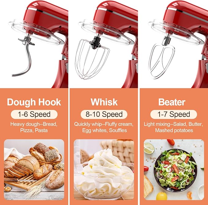CEBORY 3-IN-1 Electric Stand Mixer, 6.5QT Bowl 660W 10-Speed Kitchen Mixer, Household Food Mixers include Dough Hook, Beater and Whisk, Bread Cake Mixer for Baking and Most Home Cooks, Red