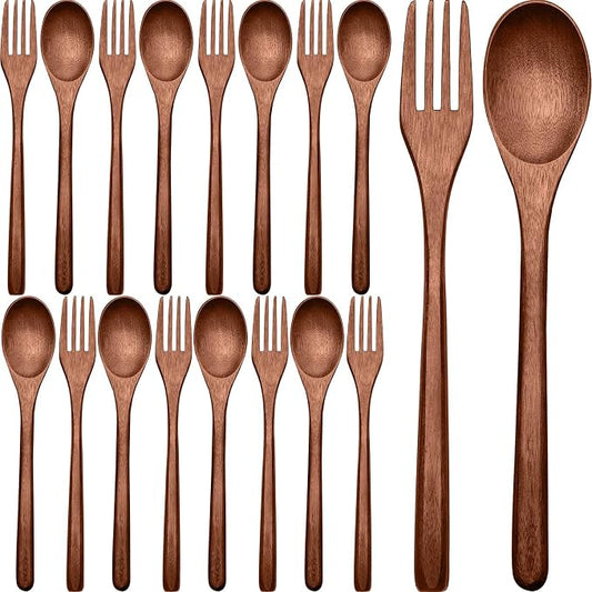 Patelai 16 Pieces Wooden Spoons Forks Set Wooden Utensils for Eating Wood Dinner Utensil Set Reusable Flatware Tableware Handmade Natural Cutlery Includes Spoon Fork for Cooking Eating Kitchen