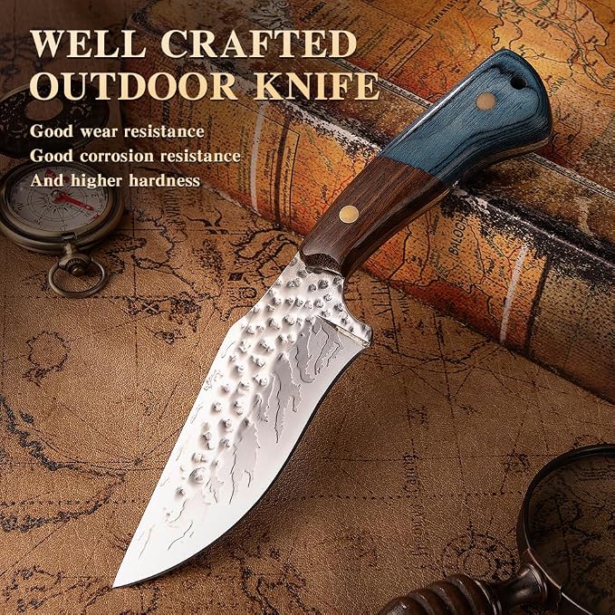 Fixed Blade Hunting Knife with Leather Sheath - Small EDC Fixed Blade Knife for Men, Outdoor Camping Bushcraft Hiking Tactical Pocket Knife