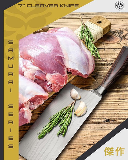 KESSAKU Meat Cleaver Butcher Knife - 7 inch - Samurai Series - Heavy Duty - Razor Sharp - Forged 7Cr17MoV High Carbon Stainless Steel - Wood Handle with Blade Guard