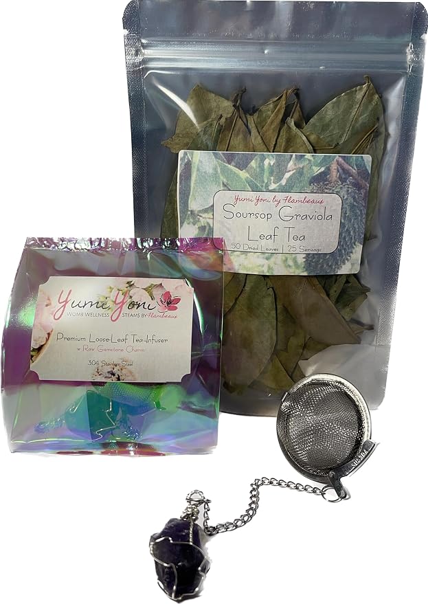 Soursop Gravoila Leaf Tea PLUS Tea Infuser w/Gemstone Charm Combo | 304 Stainless Steel | 2 Inch Tea Ball | 25 Tea Servings (Soursop Leaf Tea - 50 Leaves | 25 Servings)