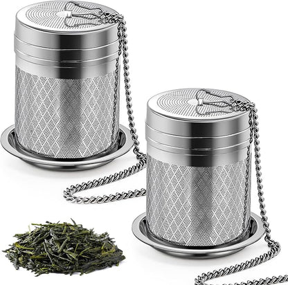 Yoassi Tea Infusers for Loose Tea, 2 Pack Extra Fine Mesh Tea Strainers, 18/8 Stainless Steel Loose Leaf Tea Steeper Tea Diffusers with Extended Chain Hook and Drip Tray