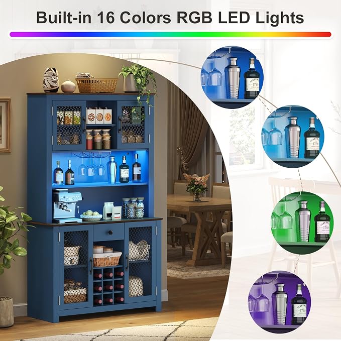 VilroCaz 70.9" Tall Farmhouse Kitchen Pantry Buffet Cabinet with Doors, Drawer and Shelves Wine Rack, Wooden Kitchen Hutch Cabinet with LED Outlets for Dining Room (Navy Blue-R)