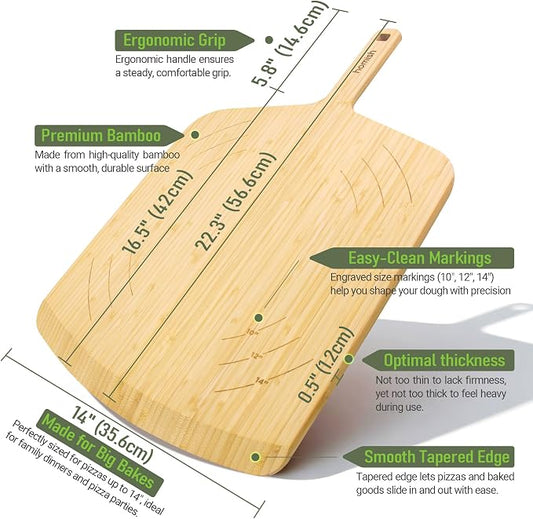 Bamboo Pizza Peel with Size Markings – 10”, 12”, 14 inch Wood Pizza Paddle Turner with Easy-Grip Handle for Sliding in Oven | Non Stick Board for Homemade Baking, Serving, Cutting Bread & Pastries