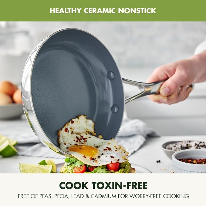 GreenPan Valencia Pro Tri-Ply Stainless Steel 10 Piece Cookware Set, PFAS-Free Ceramic Nonstick Coating, Induction Ready Pots & Pans, All Cooktops, Dishwasher & Oven Safe to 600F