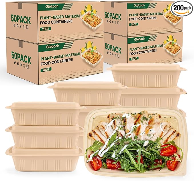 Glotoch Express 28 oz-200 Pack Meal Prep Containers with Lids, Cornstarch Food Storage Containers Plant-based Lunch Box for Salad, BPA Free Plastic Take Out Containers