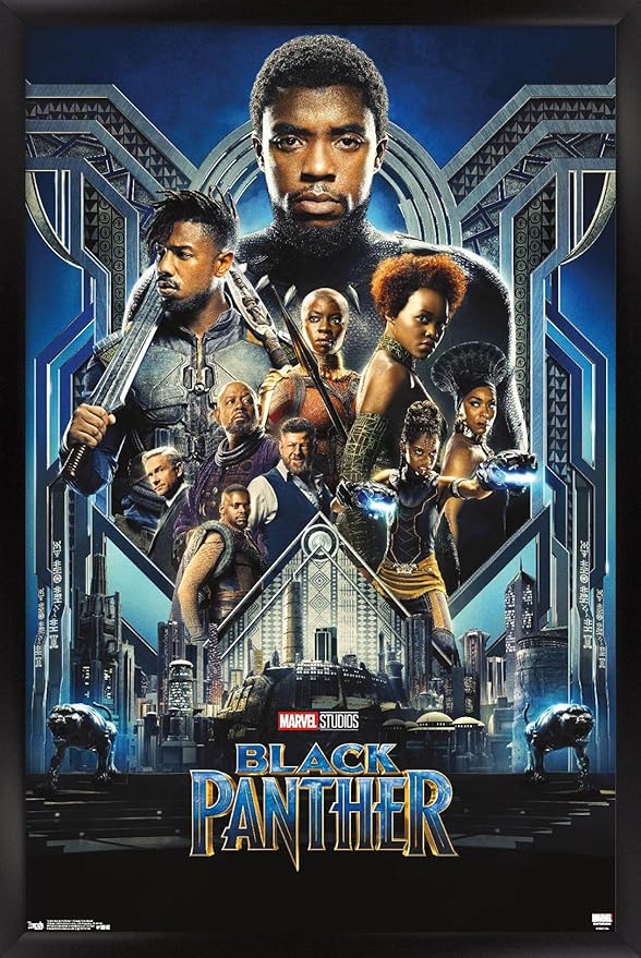 Trends International Marvel Cinematic Universe - Black Panther - Group One Sheet Wall Poster, 14.725" x 22.375", Black Framed Version