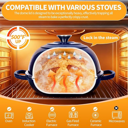ONKO Dutch Oven For Sourdough Bread Baking, 6QT Enameled Cast Iron Dutch Oven Pot With Lid, Non-stick Sourdough Baking Pan with Bread Dome, Round Ceramic Dutch Ovens Pot with Cloche for Homemade