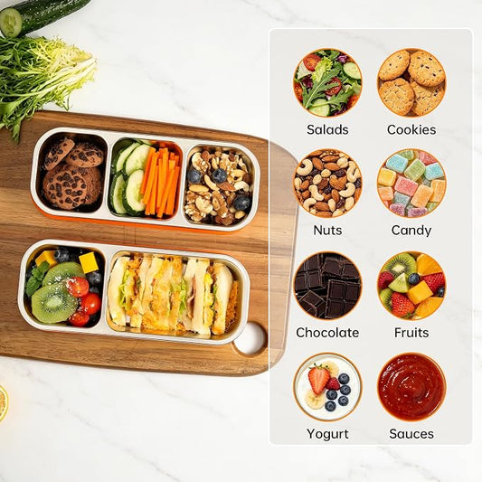 BEFOY 4 Pack Stainless Steel Snack Containers with Lids, 2-Compartments Reusable Bento Lunch Box for Adults, Food Storage Containers Divided Meal Prep Box for Home, Work, Travel (2 Compartments)