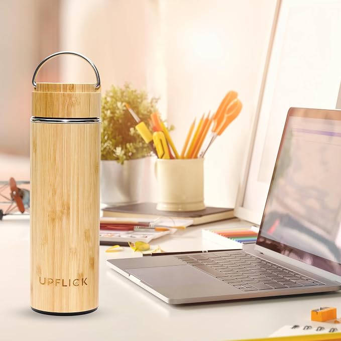 Bamboo Tea Tumbler Set of 2 Insulated Water Bottles 15oz & 17oz with Infuser Travel Set for Loose Leaves, Birthday Gift for Womens, Christmas Gift