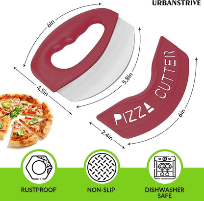 Urbanstrive Heavy Duty Stainless Steel Pizza Cutter with Cover, Super Sharp Blade Pizza Knife Pizza Cutter Rocker, Perfect Kitchen Gadgets for Pizza Cutting Home Essentials (Red)