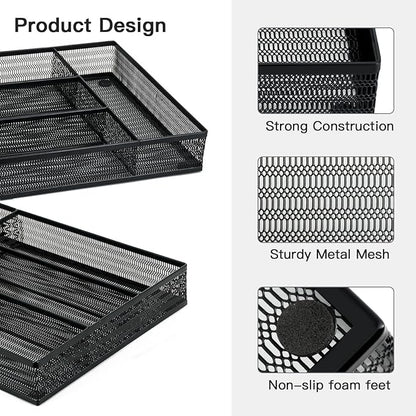 Neudeco Drawer Organizer Set, Black Mesh, 6 Pack | 5-Compartment Silverware Organizer Tray, 5 Utensil Trays, For Flatware, Cutlery, Office Supplies, Non-Slip