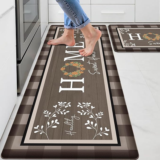 Kitchen Rugs, 2 PCS Kitchen Mats for Floor, Cushioned Non-Slip Anti Fatigue Mats for Kitchen Floor, Kitchen Runner for Standing Desk, Office, Laundry(17.3’’x 30’’+ 17.3’’x 47.2’’, Brown)