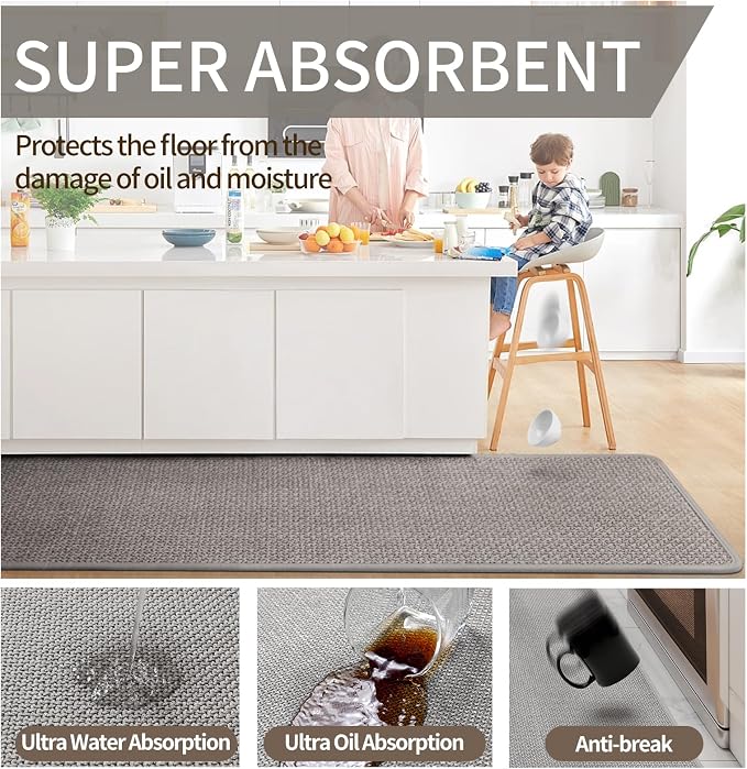 YDKGL Non Slip Kitchen Rugs, Oil and Water Absorbent Runner Rugs for Kitchen, Kitchen Mat in Front of Sink,17x47 Gray Kitchen Mat,Non-Slip and Durable Kitchen Mats for Floor