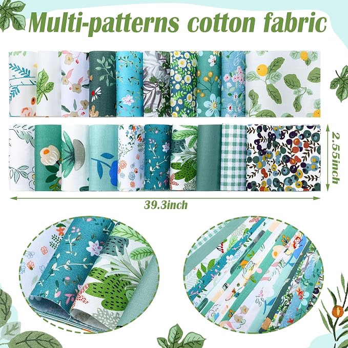 Kingdder Jelly Fabric Quilting Strips, Patchwork Roll 2.55 Inch Roll up Cotton Patchwork Jelly Fabric Craft for Quilters and Sewing DIY Crafts(Green Flower)