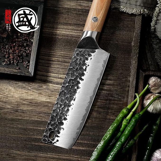 MITSUMOTO SAKARI 7-Inch Japanese Nakiri Knife, SKD-11 Steel | Wide 2mm Nakiri blade for vegetable push cuts, 3-layer SKD-11 steel, textured finish, pakkawood handle