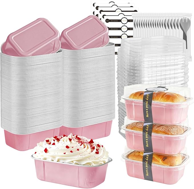 Mini Cake Pans With Lids And Spoons,5.5 oz Rectangle Mini individual Loaf Pans Disposable Aluminum Foil Small Baking Cups Tins (200, Pink)